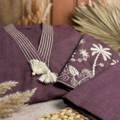 Plum Ochre Co-ord Set: Hand-Embroidered Tunic with Ivory Tassels & Pants