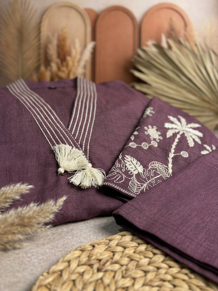 Plum Ochre Co-ord Set: Hand-Embroidered Tunic with Ivory Tassels & Pants