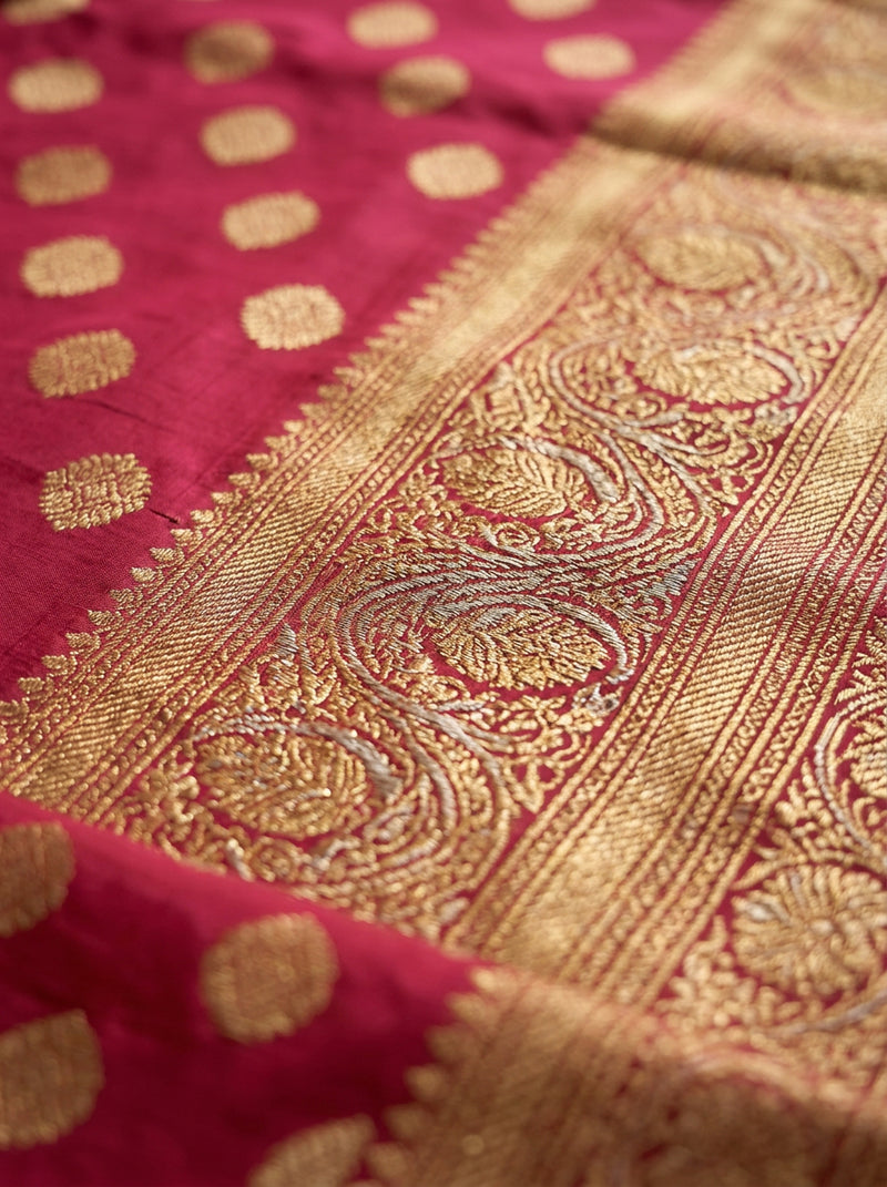 Rani Pink Banarasi Silk Saree with Golden Zari Butti Work, Traditional Woven Border & Rich Designer Pallu for Women
