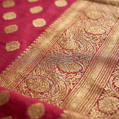 Rani Pink Banarasi Silk Saree with Golden Zari Butti Work, Traditional Woven Border & Rich Designer Pallu for Women