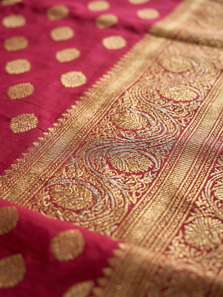 Rani Pink Banarasi Silk Saree with Golden Zari Butti Work, Traditional Woven Border & Rich Designer Pallu for Women