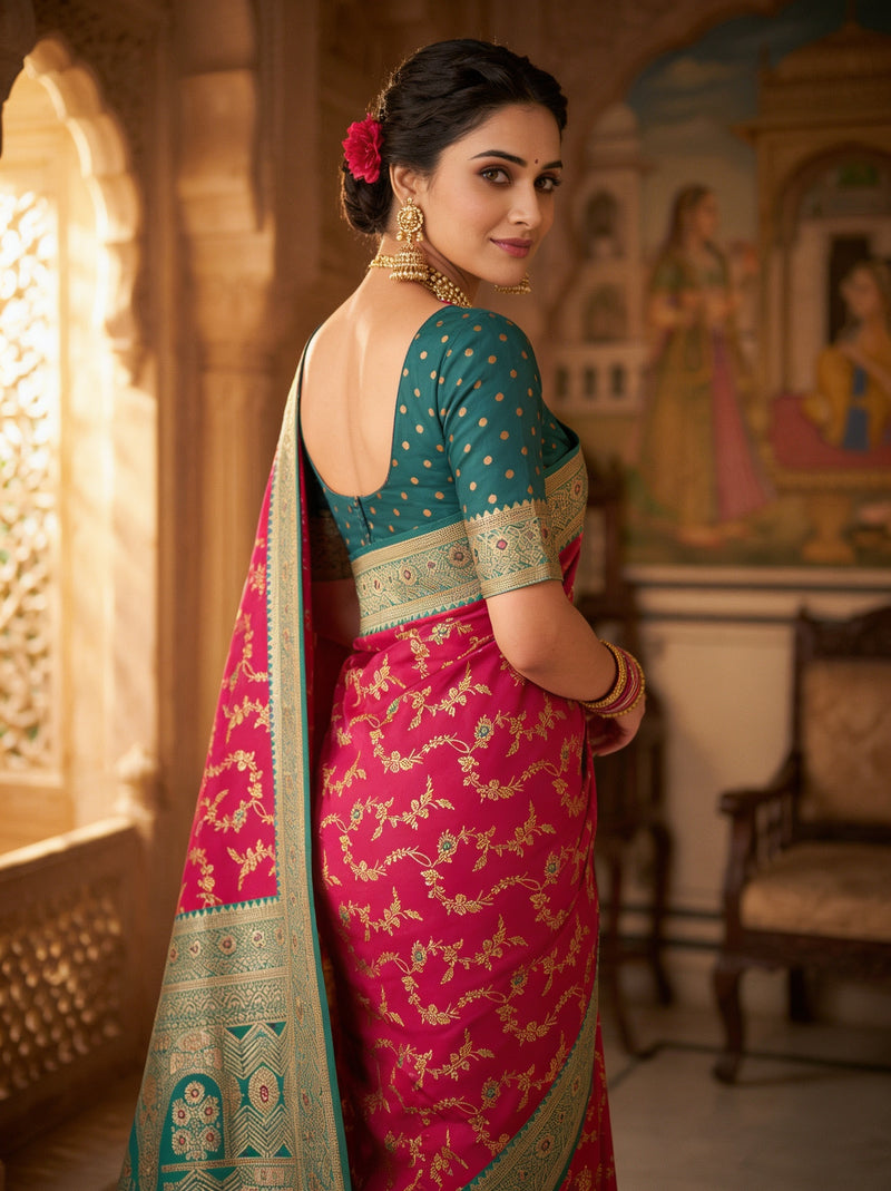 Vibrant Magenta Pink Art Silk Banarasi Saree with Sea Green Contrast Border & Blouse Piece