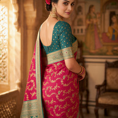 Vibrant Magenta Pink Art Silk Banarasi Saree with Sea Green Contrast Border & Blouse Piece
