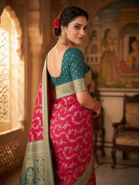 Vibrant Magenta Pink Art Silk Banarasi Saree with Sea Green Contrast Border & Blouse Piece