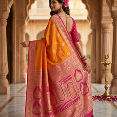 Radiant Mango Orange Art Silk Banarasi Saree with Pink Contrast Border & Blouse Piece