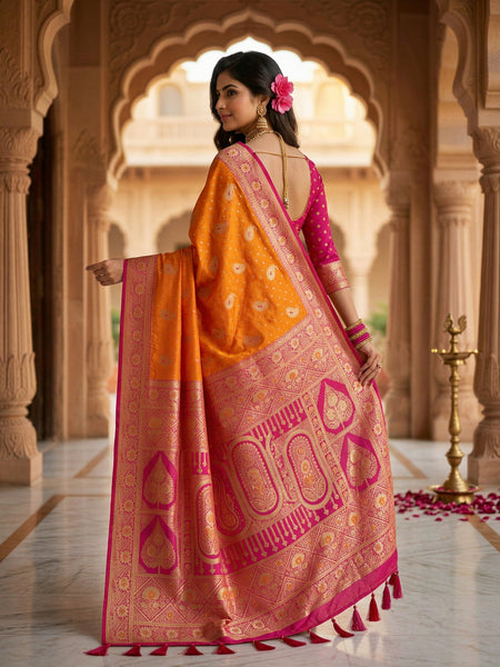 Radiant Mango Orange Art Silk Banarasi Saree with Pink Contrast Border & Blouse Piece
