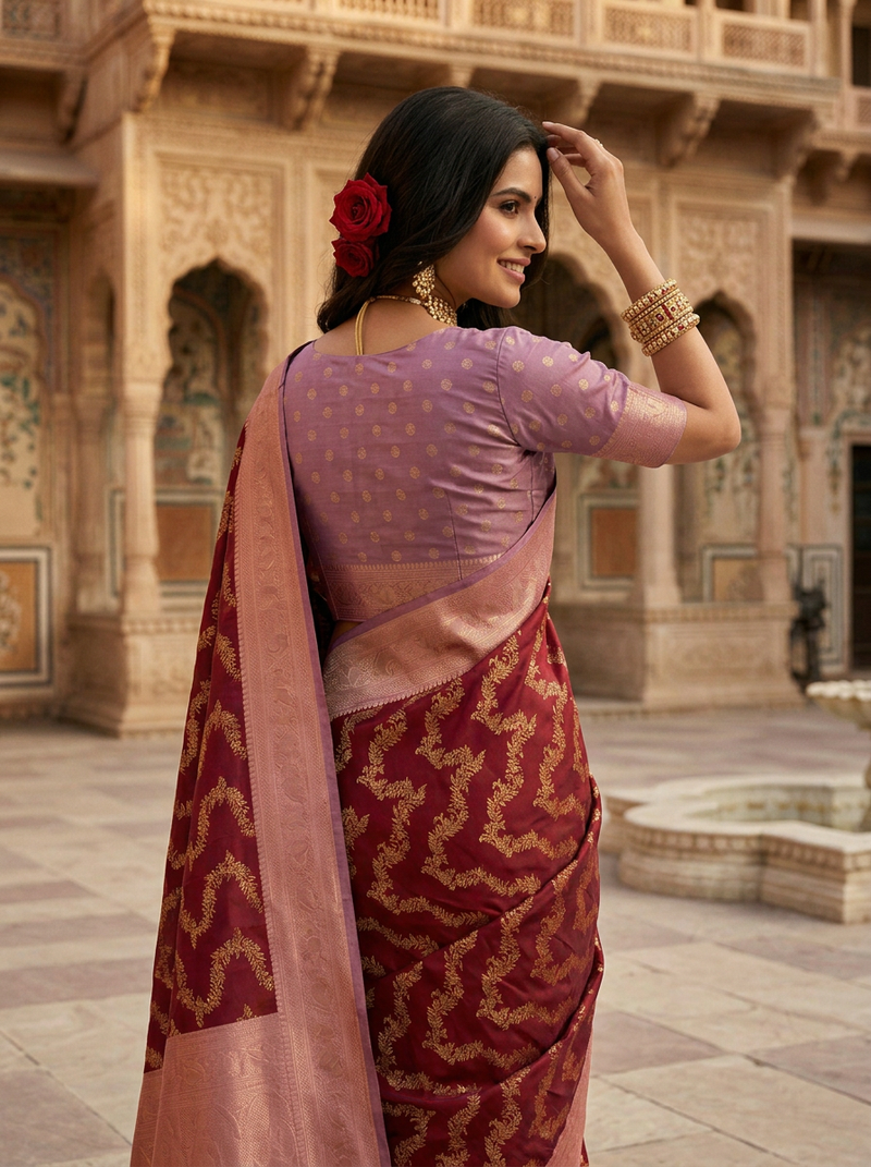 Maroon Red Art Silk Banarasi Saree with Dusty Lavender-Pink Contrast Pallu & Blouse Piece