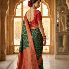 Bottle Green & Red Jaal Motifs Banarasi Silk Saree