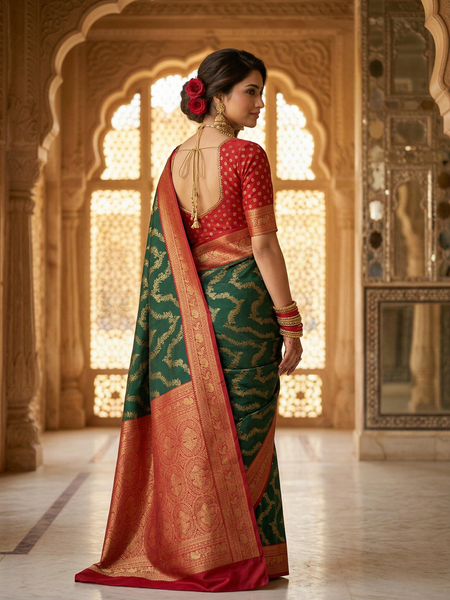 Bottle Green & Red Jaal Motifs Banarasi Silk Saree
