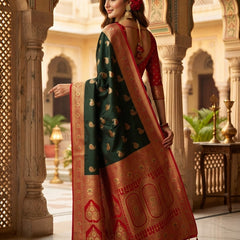 Majestic Bottle Green Art Silk Banarasi Saree with Crimson Red Contrast Border & Blouse Piece