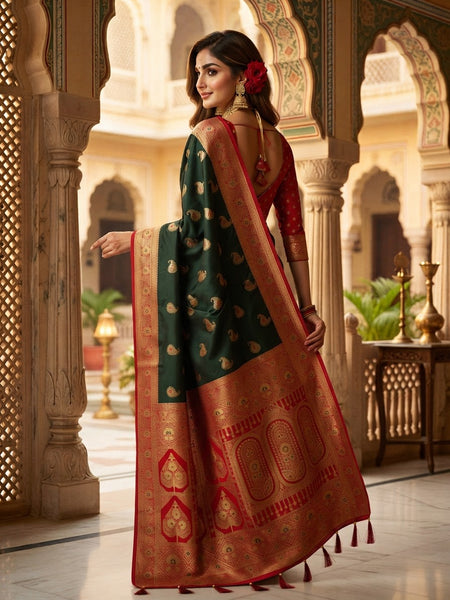 Majestic Bottle Green Art Silk Banarasi Saree with Crimson Red Contrast Border & Blouse Piece