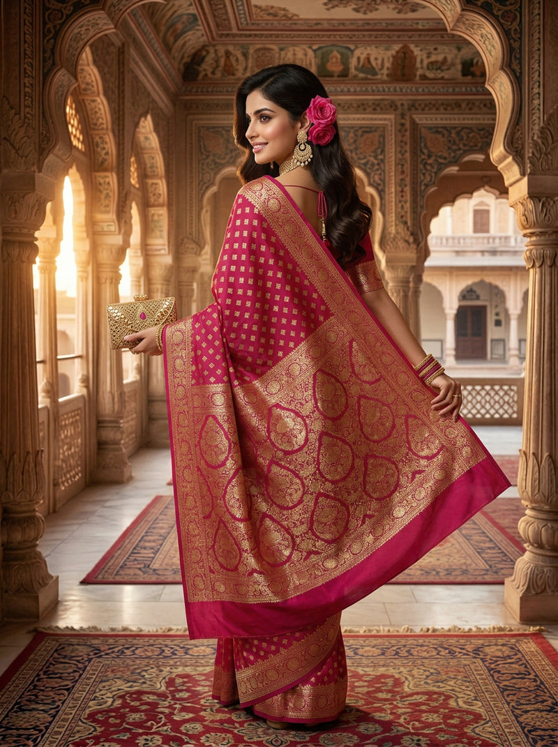 Rani Pink Banarasi Silk Saree with Golden Zari Butti Work, Rich Woven Border & Designer Pallu for Women