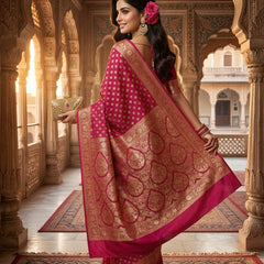 Rani Pink Banarasi Silk Saree with Golden Zari Butti Work, Rich Woven Border & Designer Pallu for Women