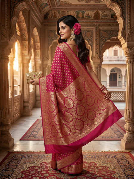Rani Pink Banarasi Silk Saree with Golden Zari Butti Work, Rich Woven Border & Designer Pallu for Women