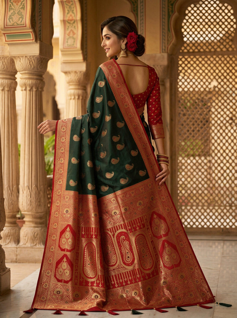 Majestic Bottle Green Art Silk Banarasi Saree with Crimson Red Contrast Border & Blouse Piece