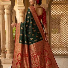 Majestic Bottle Green Art Silk Banarasi Saree with Crimson Red Contrast Border & Blouse Piece