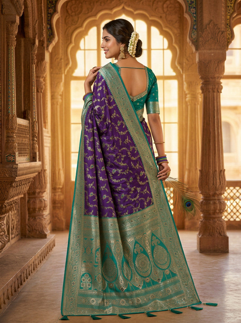 Royal Purple Art Silk Banarasi Saree with Peacock Blue Contrast Border & Blouse Piece