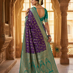 Royal Purple Art Silk Banarasi Saree with Peacock Blue Contrast Border & Blouse Piece