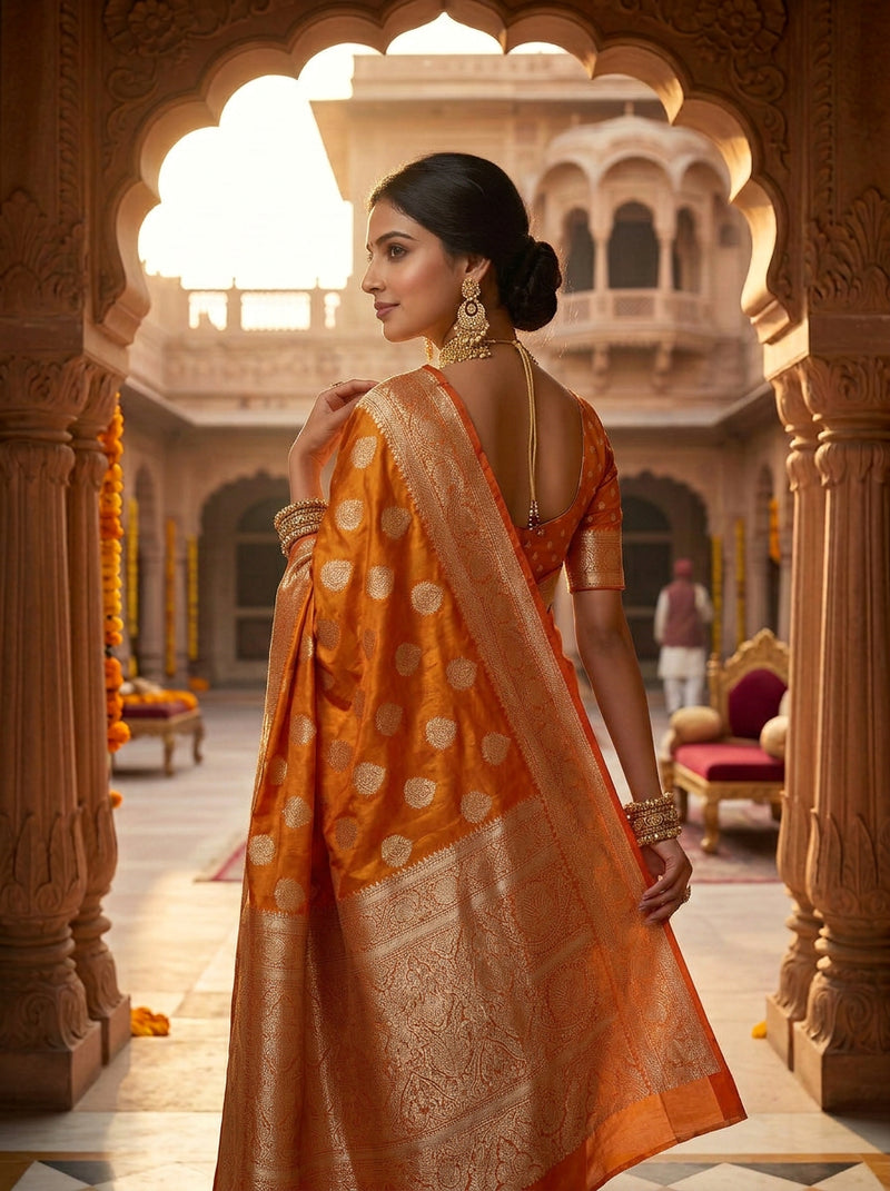 Orange Banarasi Silk Saree with Golden Zari Butti Work, Rich Woven Border & Traditional Designer Pallu for Women