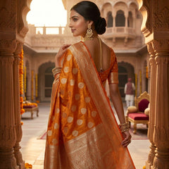 Orange Banarasi Silk Saree with Golden Zari Butti Work, Rich Woven Border & Traditional Designer Pallu for Women