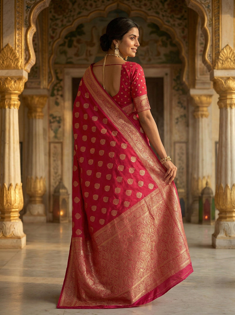 Rani Pink Banarasi Silk Saree with Golden Zari Butti Work, Traditional Woven Border & Rich Designer Pallu for Women