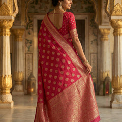 Rani Pink Banarasi Silk Saree with Golden Zari Butti Work, Traditional Woven Border & Rich Designer Pallu for Women