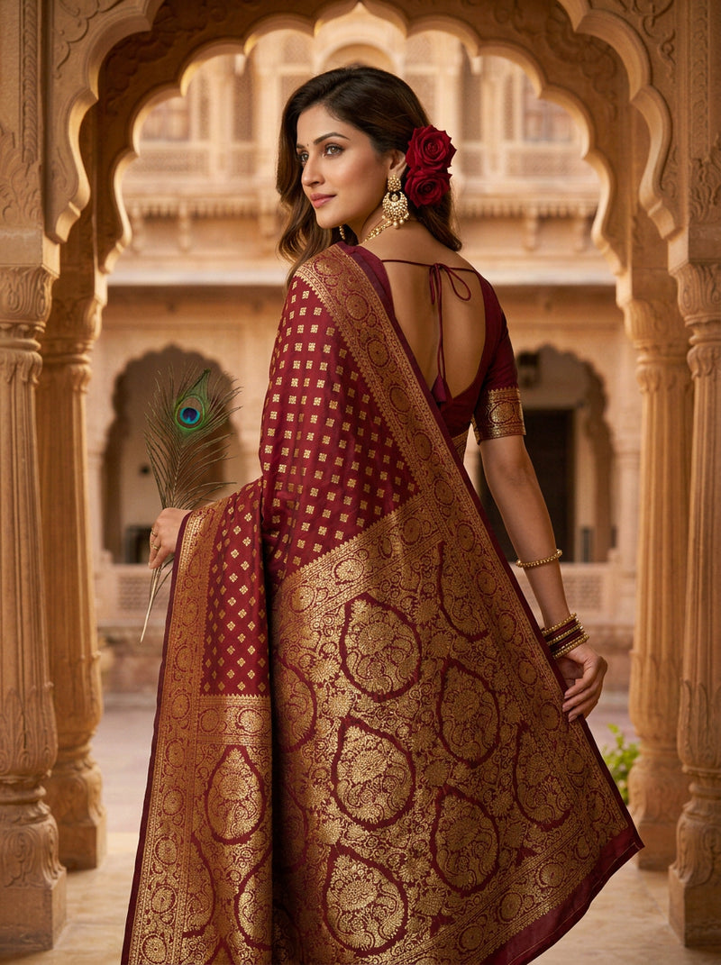 Maroon Banarasi Silk Saree with Golden Zari Butti Work, Traditional Woven Border & Rich Pallu for Women
