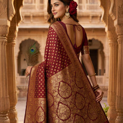 Maroon Banarasi Silk Saree with Golden Zari Butti Work, Traditional Woven Border & Rich Pallu for Women