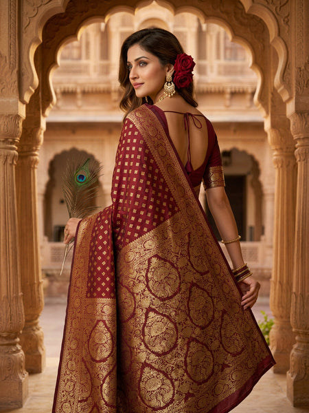 Maroon Banarasi Silk Saree with Golden Zari Butti Work, Traditional Woven Border & Rich Pallu for Women