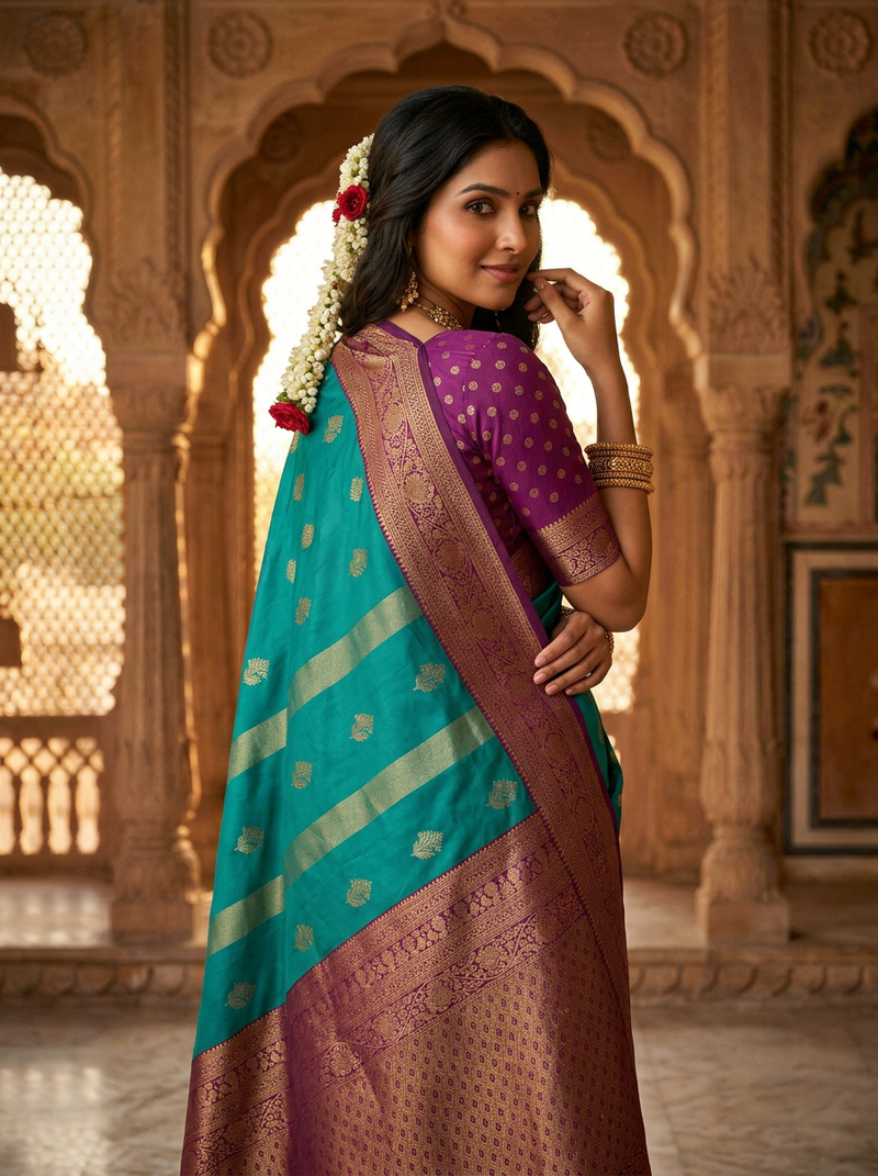 Peacock Blue & Royal Purple Motifs Banarasi Silk Saree