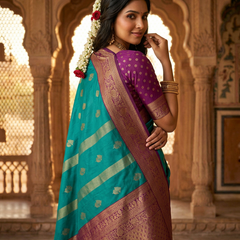 Peacock Blue & Royal Purple Motifs Banarasi Silk Saree