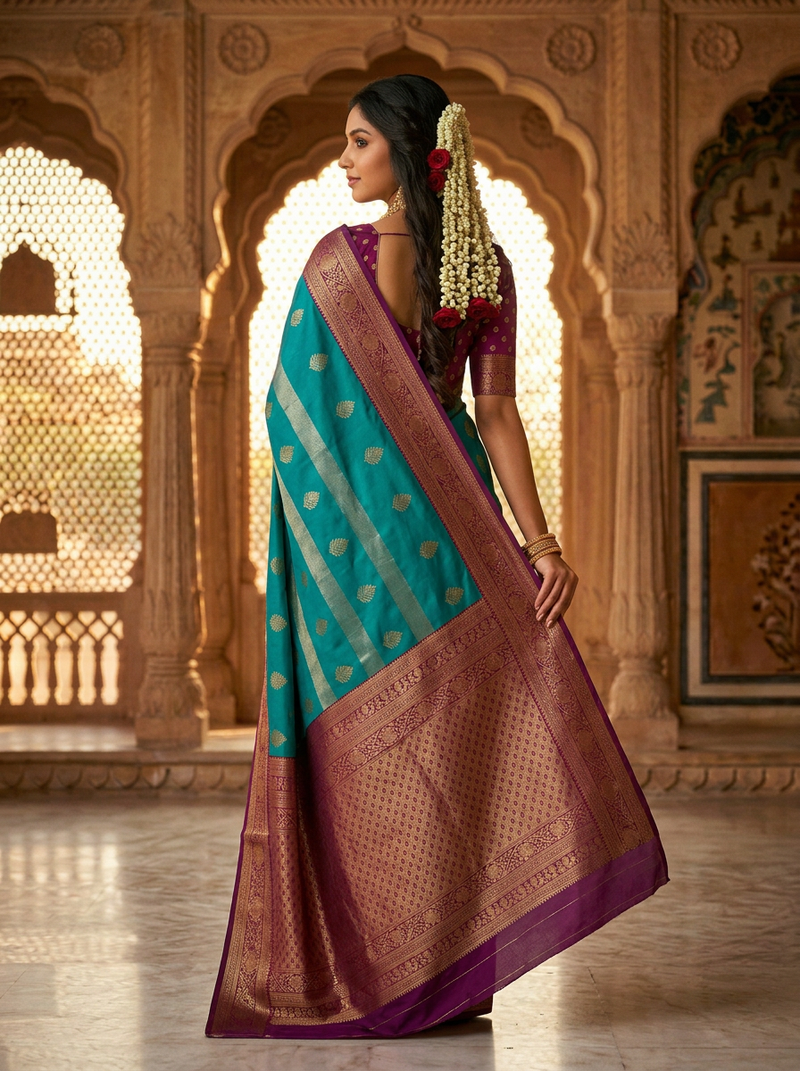 Peacock Blue & Royal Purple Motifs Banarasi Silk Saree