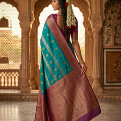 Peacock Blue & Royal Purple Motifs Banarasi Silk Saree
