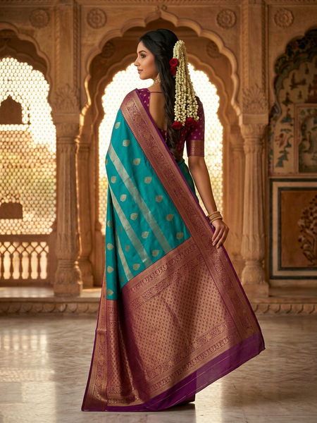Peacock Blue & Royal Purple Motifs Banarasi Silk Saree