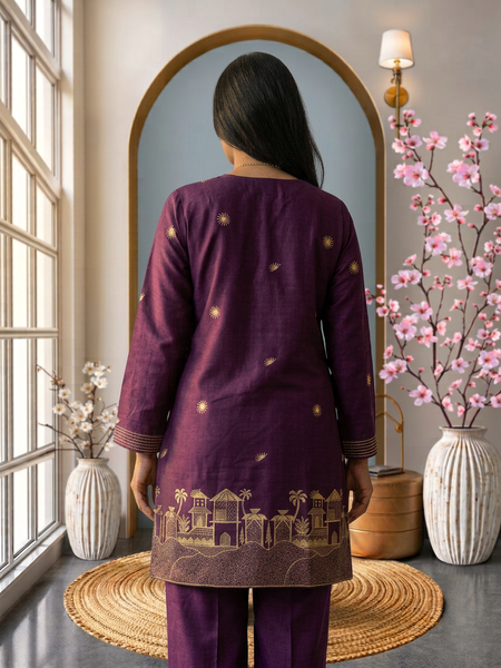 Heritage Elegance: Deep Purple Embroidered Kurta Co-ord Set with Tassels