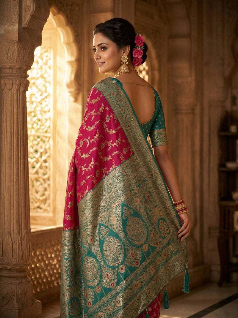 Vibrant Magenta Pink Art Silk Banarasi Saree with Sea Green Contrast Border & Blouse Piece