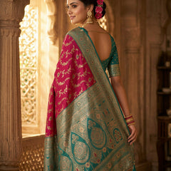 Vibrant Magenta Pink Art Silk Banarasi Saree with Sea Green Contrast Border & Blouse Piece