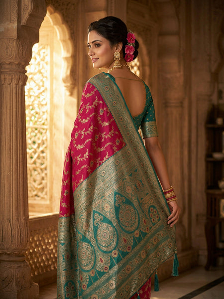 Vibrant Magenta Pink Art Silk Banarasi Saree with Sea Green Contrast Border & Blouse Piece