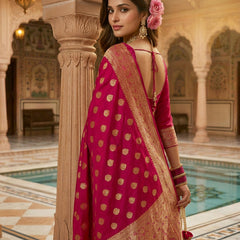 Rani Pink Banarasi Silk Saree with Golden Zari Butti Work, Broad Woven Border & Rich Designer Pallu for Women