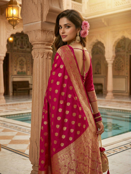 Rani Pink Banarasi Silk Saree with Golden Zari Butti Work, Broad Woven Border & Rich Designer Pallu for Women