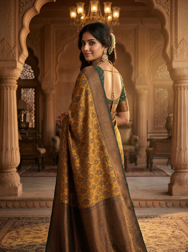 Antique Golden & Bottle Green Jacquard Woven Saree with Rich Copper Zari Border & Pallu