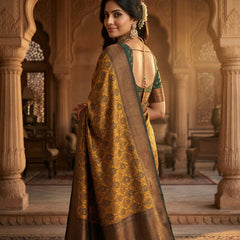 Antique Golden & Bottle Green Jacquard Woven Saree with Rich Copper Zari Border & Pallu