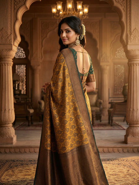 Antique Golden & Bottle Green Jacquard Woven Saree with Rich Copper Zari Border & Pallu