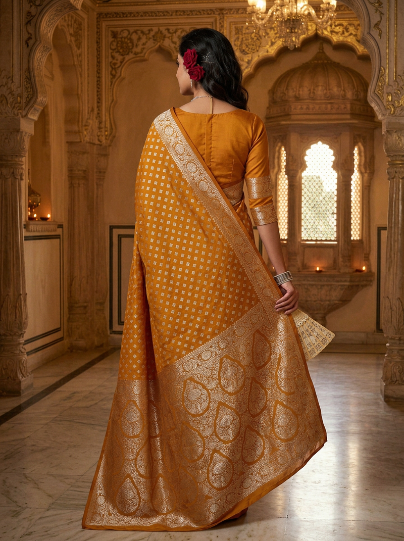 Mustard Yellow Banarasi Silk Saree with Golden Zari Butti Work, Woven Border & Rich Designer Pallu for Women