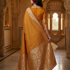 Mustard Yellow Banarasi Silk Saree with Golden Zari Butti Work, Woven Border & Rich Designer Pallu for Women
