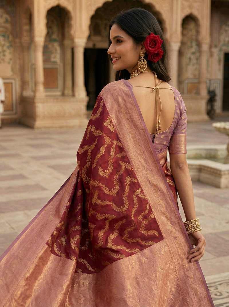 Maroon Red Art Silk Banarasi Saree with Dusty Lavender-Pink Contrast Pallu & Blouse Piece