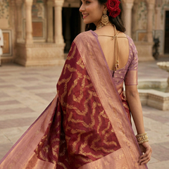 Maroon Red Art Silk Banarasi Saree with Dusty Lavender-Pink Contrast Pallu & Blouse Piece