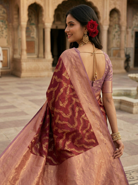 Maroon Red Art Silk Banarasi Saree with Dusty Lavender-Pink Contrast Pallu & Blouse Piece