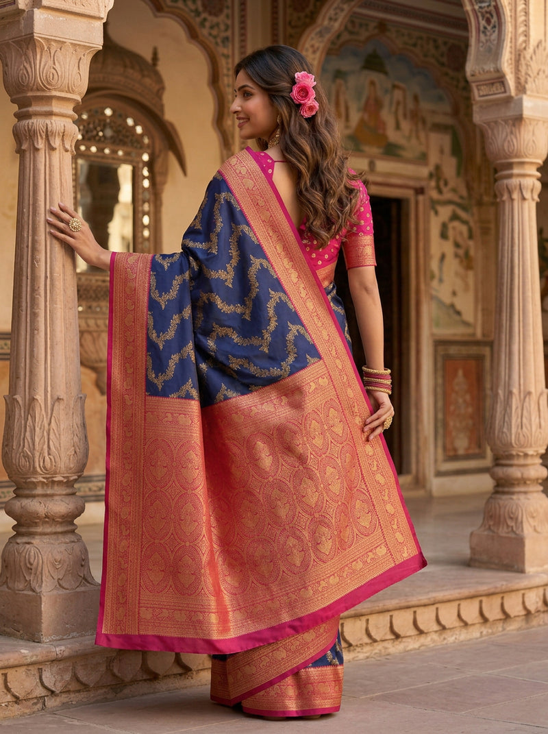 Royal Blue Art Silk Banarasi Saree with Magenta Pink Contrast Border & Blouse Piece