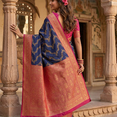 Royal Blue Art Silk Banarasi Saree with Magenta Pink Contrast Border & Blouse Piece